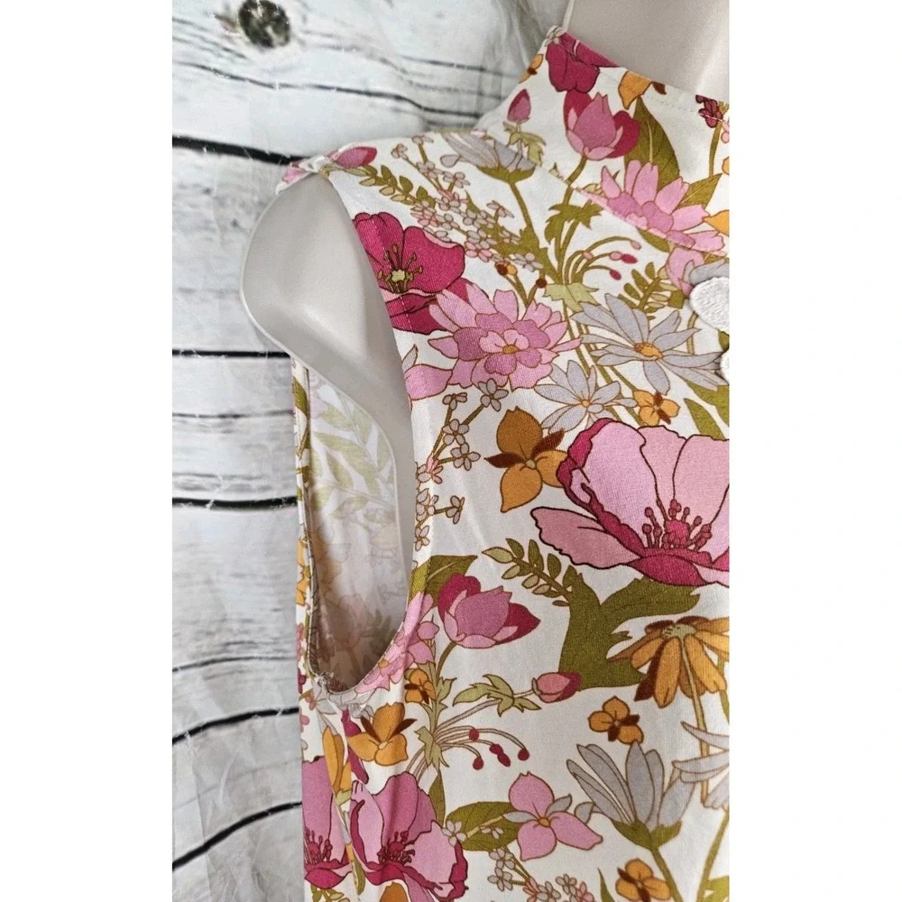 Spartina 449 Floral 1/4 Zip Dress L Sleeveless Crochet Trim Cotton Blend Womens